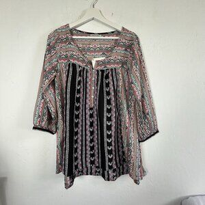 World Market Womens Mixed Ethnic Print 3/4 Sleeves Tunic Top S/M Black Boho New